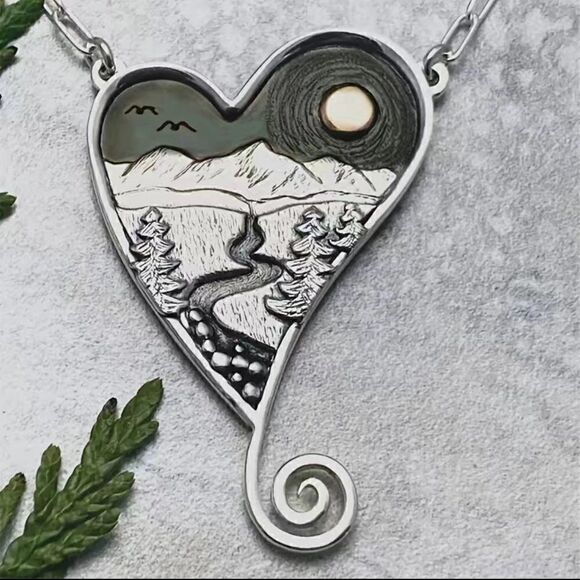 Pendant Necklace with River, Mountains, Sun on Heart #401 - Picture 9 of 11